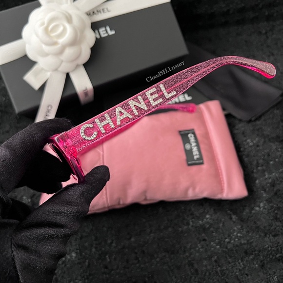 Auth NIB Chanel 71280 Crystal Logo Pink Glitter Rectangle Sunglasses - Picture 5 of 11